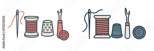 Collection of essential sewing tools and accessories including needle, thread spool, thimble, seam ripper, and button for crafting and mending projects