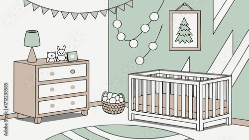 Nursery room interior design baby crib dresser toys pastel colors cute illustration for childrens room decor.