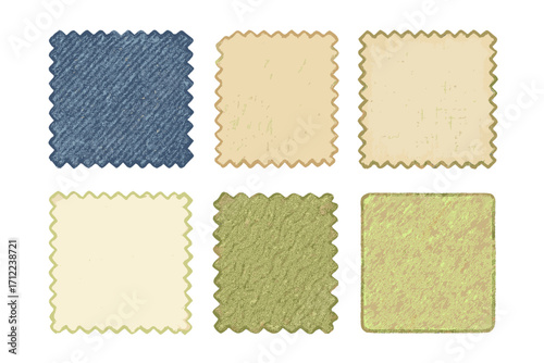 Assortment of textile samples in blue, beige, and green with distinct patterns and decorative borders for design