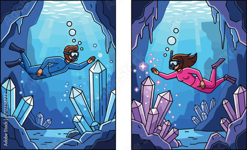 Underwater cave, glowing crystals, cartoon divers, magical scene, fantasy adventure, crystal formations, snorkel gear, serene light beams, exploration, mystery