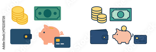 Financial icons set with money, wallet, piggy bank, credit card, coins, and banknotes for banking and payment concepts