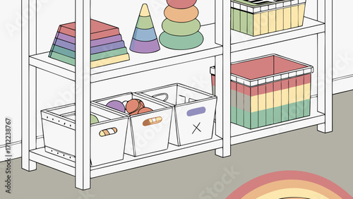 Organized childrens toy storage shelf with colorful bins and toys illustration.
