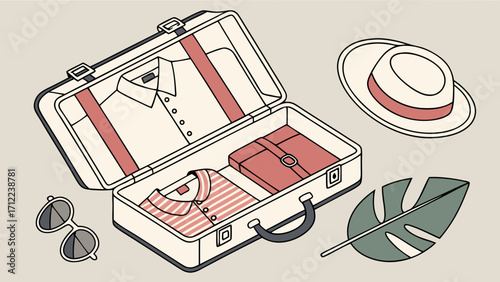 Open Suitcase with Summer Clothing and Accessories Tropical Vacation Packing Illustration.
