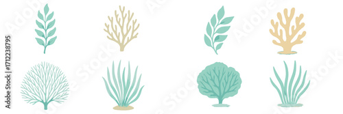 Assortment of hand-painted watercolor style underwater flora and coral reef elements on white background