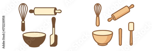 Assortment of essential kitchen baking tools and utensils for cooking and pastry preparation including whisk, rolling pin, mixing bowl, and spatula