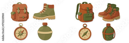 Collection of outdoor adventure gear including backpacks, hiking boots, compasses, and canteens for exploration