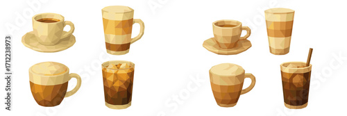 Collection of hot and cold coffee beverages espresso latte and iced coffee in low poly geometric style
