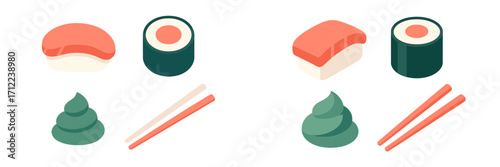 Traditional Japanese sushi, maki rolls, wasabi, and chopsticks for Asian cuisine and restaurant design