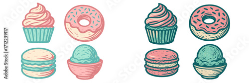 Collection of delicious baked goods and frozen treats featuring cupcakes donuts macarons and ice cream