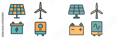 Renewable energy sources and power storage icons set including solar panels, wind turbines, and batteries
