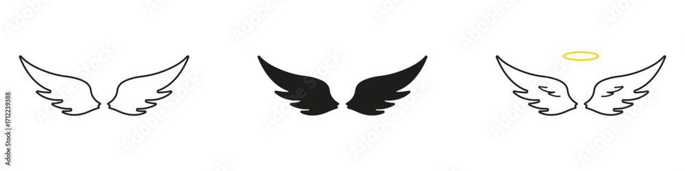 Obraz premium Angel Wings And Halo Line And Solid Icon Set. Spirituality, Protection, And Guardian Symbol Outline And Silhouette Collection. Celestial And Divine Concept. Isolated Vector Illustration