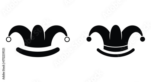 Simple black and white illustration of two jester hat designs