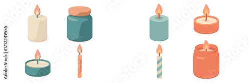 Set of isometric pastel colored candles, decorative jars, and birthday candles for celebration and home decor