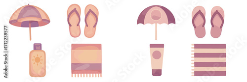 Assortment of essential summer beach vacation items including umbrellas flip flops sunscreen bottles and striped towels