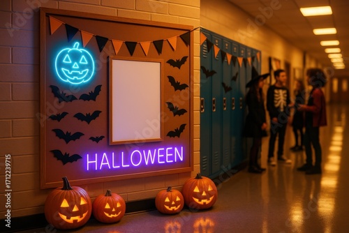 Photorealistic mockup of school corridor decorated with neon Halloween accents, pumpkins, and empty white poster frame on bulletin board.