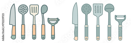 Essential kitchen utensils set featuring knife, slotted spoon, spatula, ladle, and peeler for everyday cooking