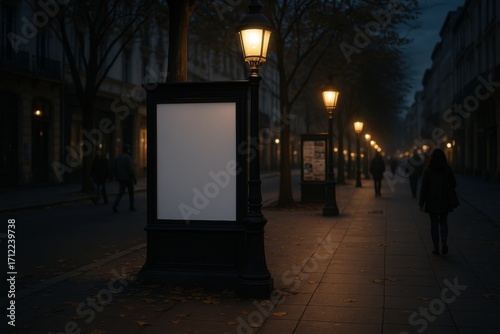 Photorealistic mockup of city street at twilight with lamppost and bulletin board, autumn leaves, pedestrians, and empty white poster frame.