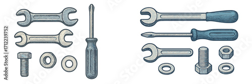 Collection of essential hand tools and hardware components like wrenches, screwdrivers, bolts, nuts, and washers for repair and maintenance tasks