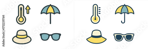 Summer weather icons set with thermometer, umbrella, sun hat, and sunglasses for hot season protection