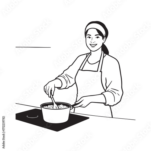 Black and White Vector Illustration of a Smiling Woman Cooking in Kitchen with Apron and Headband
