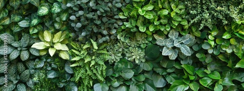 Green wall of plants and leaves, lush greenery, dark green background