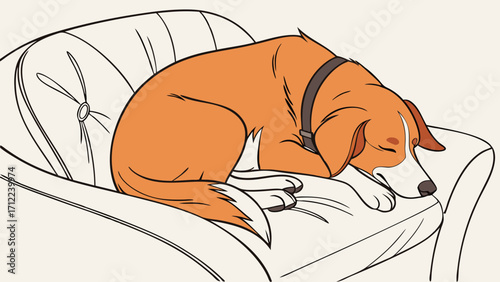 Sleeping Dog on Armchair Cozy Canine Illustration Pet Animal Design.