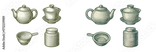 Traditional Asian tea ceremony items: teapots, cups, strainers, and caddies, vintage engraved collection