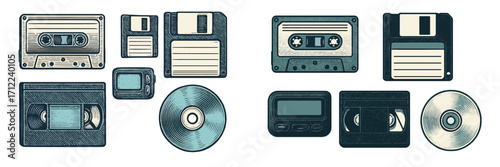 Nostalgic collection of retro media storage and vintage communication technology including audio cassettes floppy disks VHS tapes and a pager