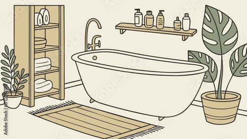 Spa Bathroom Interior Design Freestanding Tub Plants and Wooden Shelf Illustration.