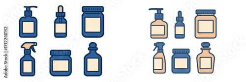 Assortment of cosmetic and pharmaceutical product containers including pump bottles, dropper vials, jars, and spray dispensers