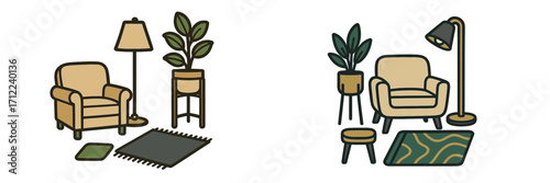 Comfortable living room furniture set with armchair, floor lamp, houseplant, and decorative rugs creating a cozy domestic interior scene