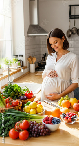 Pregnant woman in the kitchen surrounded by fresh fruits and vegetables for gut health and healthy eating