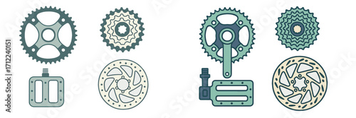 Various bicycle drivetrain and braking system components, including chainrings, cassettes, pedals, and disc brakes, for repair and maintenance