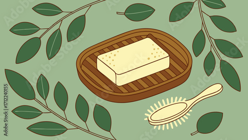 Spa Products Natural Soap Wooden Tray Hairbrush Green Leaves Wellness Illustration Botanical Design Beauty Hygiene Organic Skincare Bath Shower Relaxation Aromatic Herbal Cleanlin.