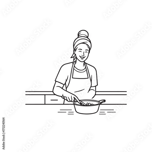 Black and White Vector Illustration of a Smiling Woman Cooking in Kitchen with Apron and Headband