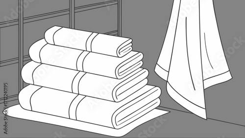 Stack of rolled towels and a hanging towel bathroom illustration clean linen spa hotel textile design graphic design.
