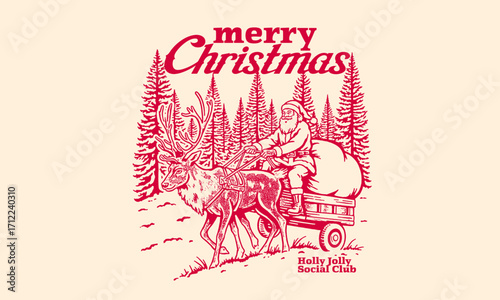 VintageMerry Christmas illustration Holly Jolly Social Club . Red monochrome vintage artwork of Santa on sleigh with one reindeer for holiday card. Retro Christmas vector illustration.