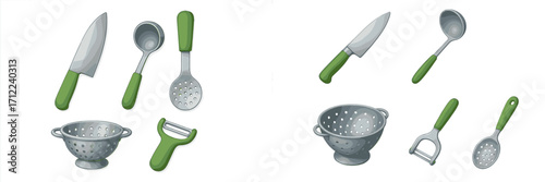 Essential kitchen utensils set for cooking and food preparation including knife, ladle, slotted spoon, colander, and peeler