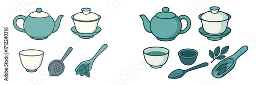 Collection of traditional tea ceremony items featuring teapots, cups, strainers, and scoops for brewing hot beverages