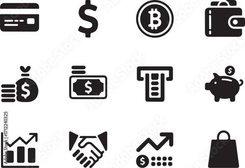 Financial icons for business growth, shopping and crypto