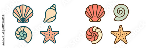 Colorful assortment of diverse seashells and starfish marine life elements for ocean and beach themed designs