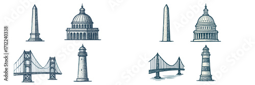 Iconic American landmarks collection with monuments, government buildings, bridges, and lighthouses in sketch style