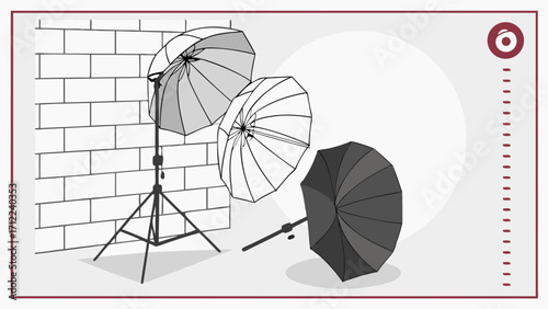 Studio Lighting Setup with Reflectors and Tripods Photography Equipment Illustration.
