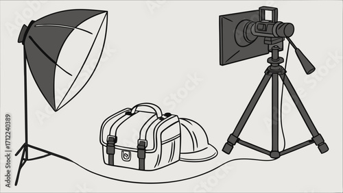 Studio Photography Equipment Setup Lighting Camera and Accessories Illustration.