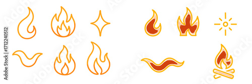 Abstract stylized fire icons and light symbols representing heat energy, burning, warmth, and spark concepts