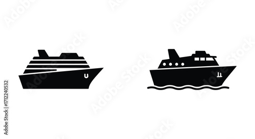 Simple black silhouettes of two different types of ships on white