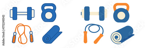 Fitness equipment collection with dumbbells, kettlebells, jump ropes, and yoga mats for exercise and workout