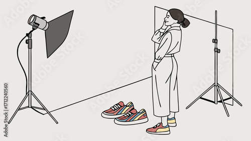Studio Photography Setup with Person and Lighting Equipment.