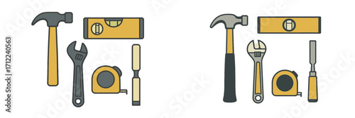 Essential construction and repair hand tools set including hammer, level, wrench, tape measure, chisel