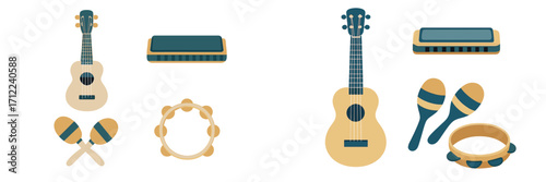 Collection of musical instruments including ukuleles, harmonicas, maracas, and tambourines in a flat graphic style